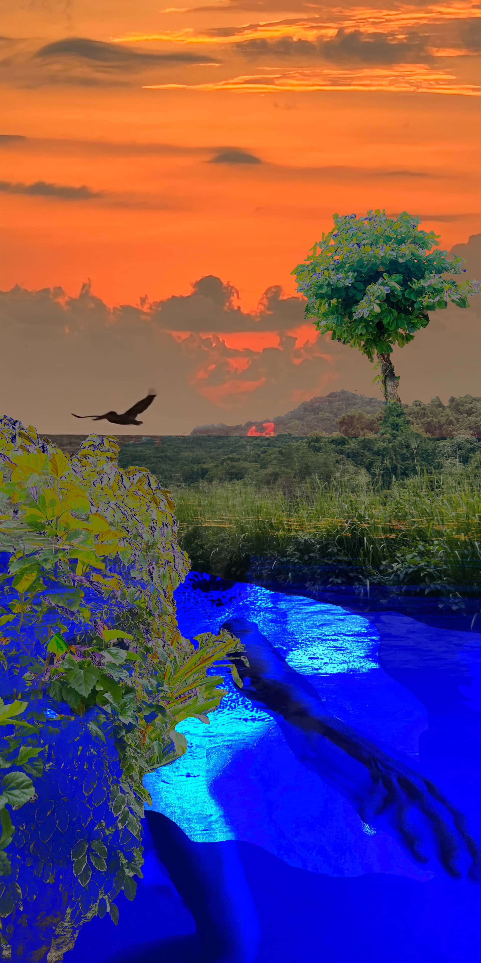a computer rendering of a sunset, the sky is orange, there is a body of water in a deep blue in the foreground and some greenary.