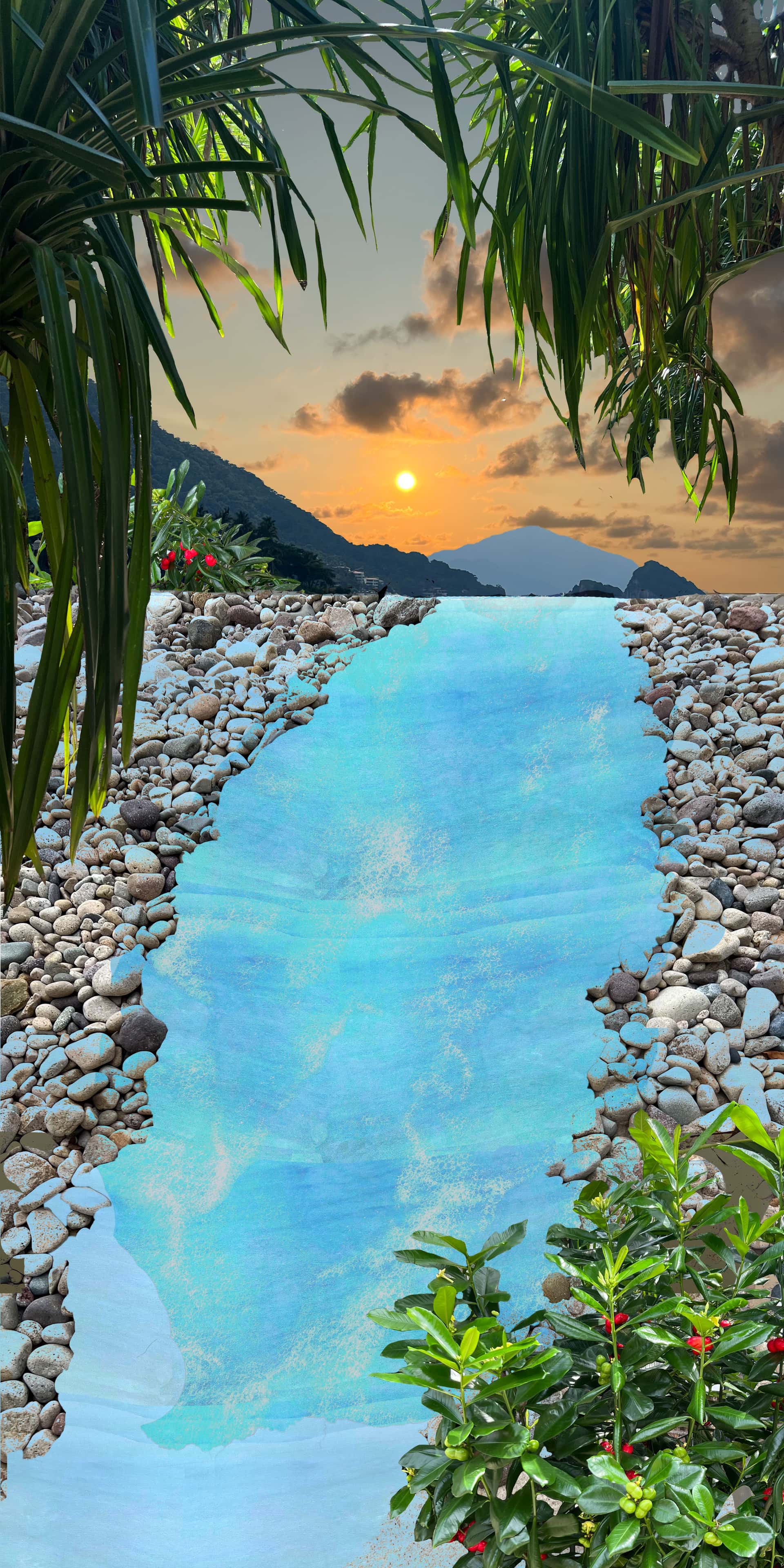 a computer rendering of a tropical river. the water is a light blue and runs along the full picture. a mountain is in background